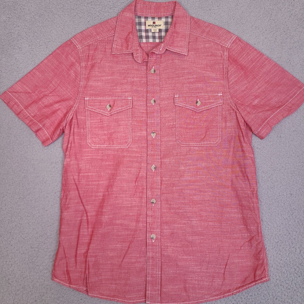 Woolrich Shirt Adult Medium Red Chambray Button Up Short Sleeve Casual Mens